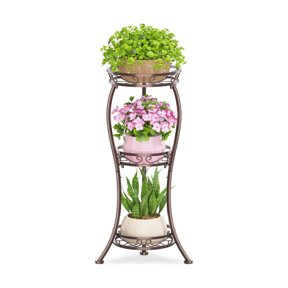 KMOTASUO Metal Plant Stand Tall for Indoor Outdoor Corner, 3 Tier Bronze | Heavy Duty Flower Holder Rack, Modern