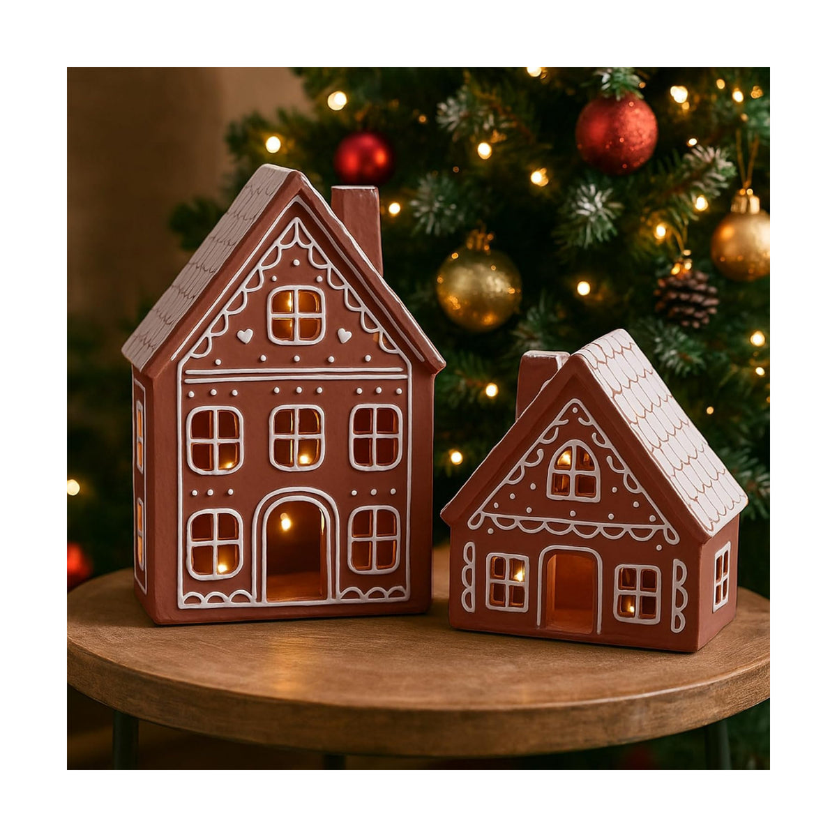 Funnymoom 2 Sets LED Ceramic Gingerbread Houses Christmas Tabletop Decor