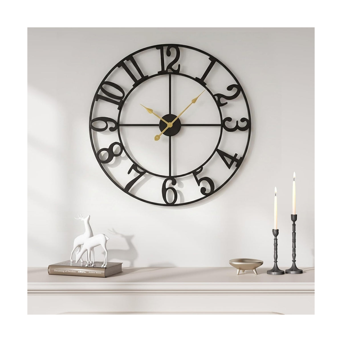 Cuspin 20 Inch Wall Clock for Living Room Decor Black Metal Round Clock | Battery operated, Silent non ticking, easy to