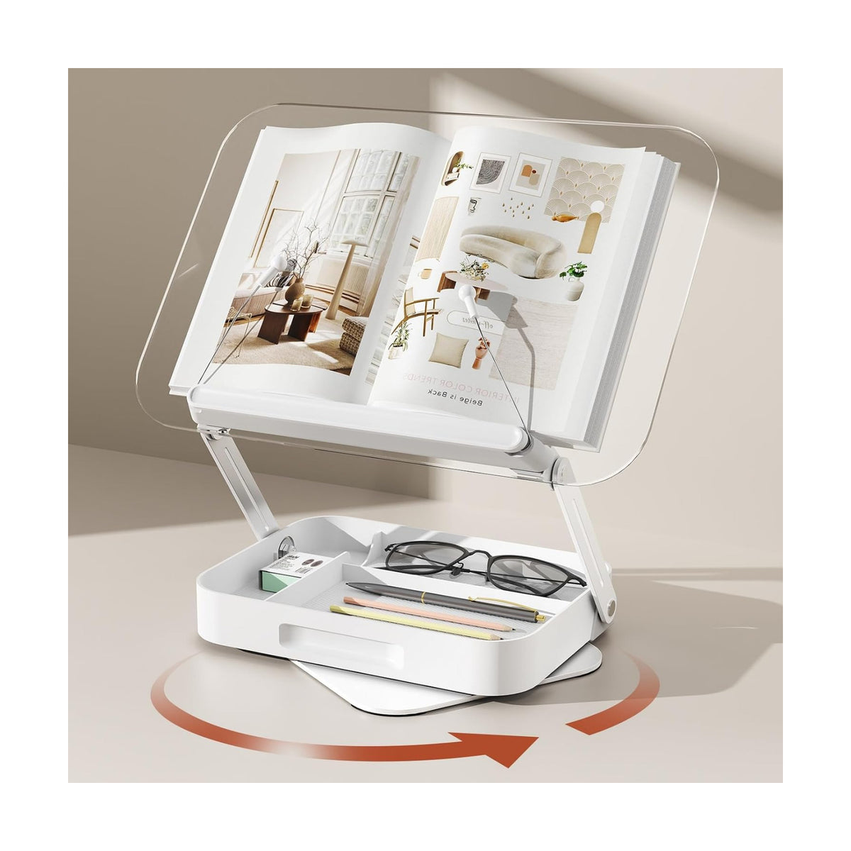 BYMECOST Acrylic Book Stand for Reading, Book Stand with Storage, White | 360° Rotating Base With Elastic Page Clips
