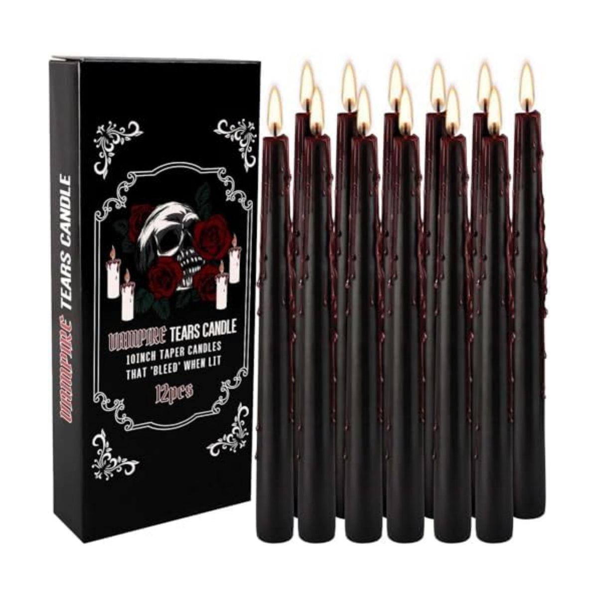 YOROXRG 12PCS 10-Inch Black Bleeding Taper Candles,Vampire Tears Taper Candles- Unscented Ideal for Halloween, Christmas, Rituals, and Themed Party Decor