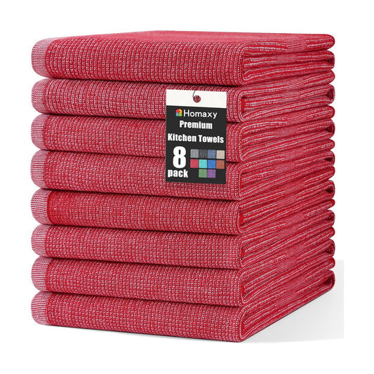 Homaxy 380 GSM Cotton Premium Kitchen Towels 8 Pack, 18"x 28", Red | Flat and Terry Dish Towels, Highly Absorbent Tea