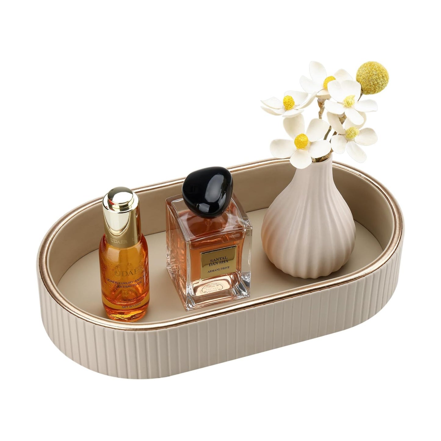 PU Leather Perfume Tray Nightstand Organizer / Beige