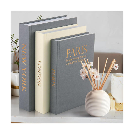 Faux Book Storage Box Set / Gray-cream-gray / Modern / Set of 3