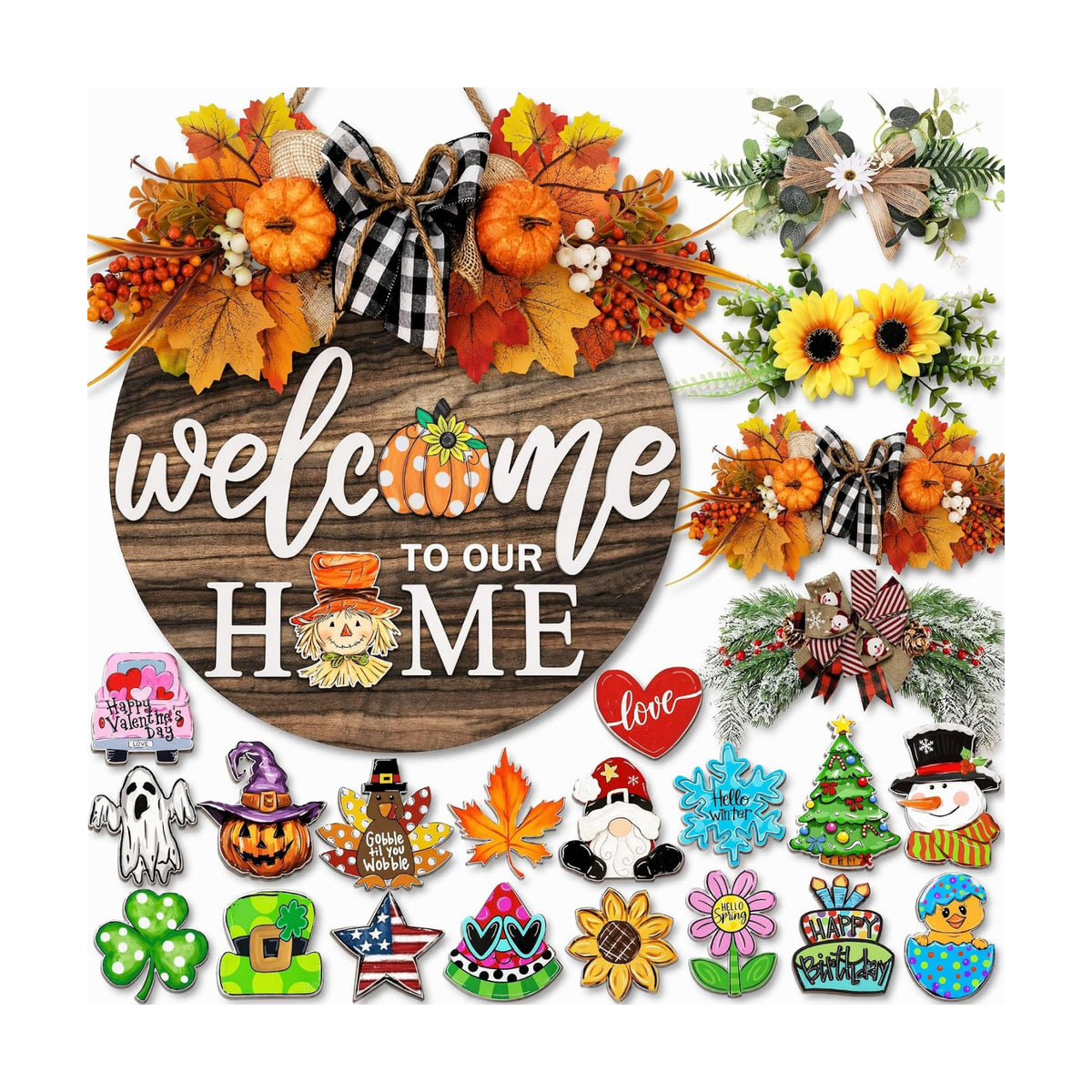 Interchangeable Welcome Sign for Front Door with 4 Seasonal Wreaths 21 Changeable Icons, Farmhouse Rustic Outdoor Welcome Signs Porch, Spring Winter Fall Decorations for Home House Warming Gifts