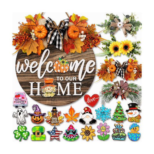 Interchangeable Welcome Sign for Front Door with 4 Seasonal Wreaths 21 Changeable Icons, Farmhouse Rustic Outdoor Welcome Signs Porch, Spring Winter Fall Decorations for Home House Warming Gifts