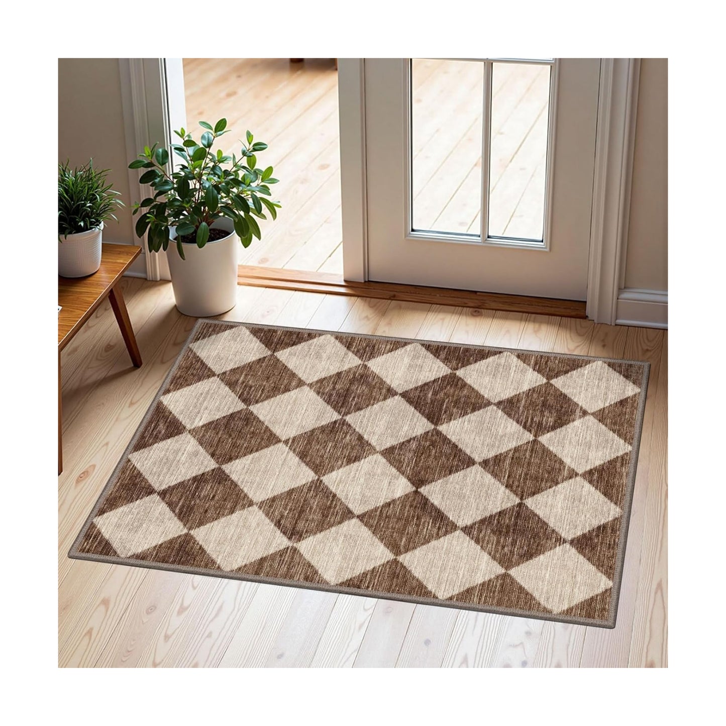 Front Door Rug - 2x3 Brown Beige Checkered Diamond Entry Rug