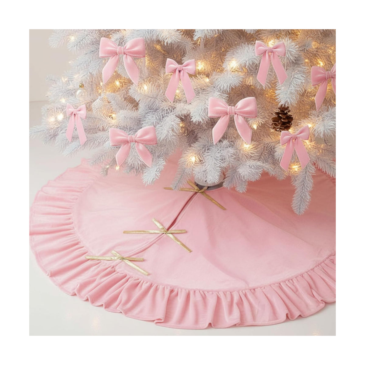 Velvet Christmas Tree Skirt, 48 Inches, Bow Style, Pink