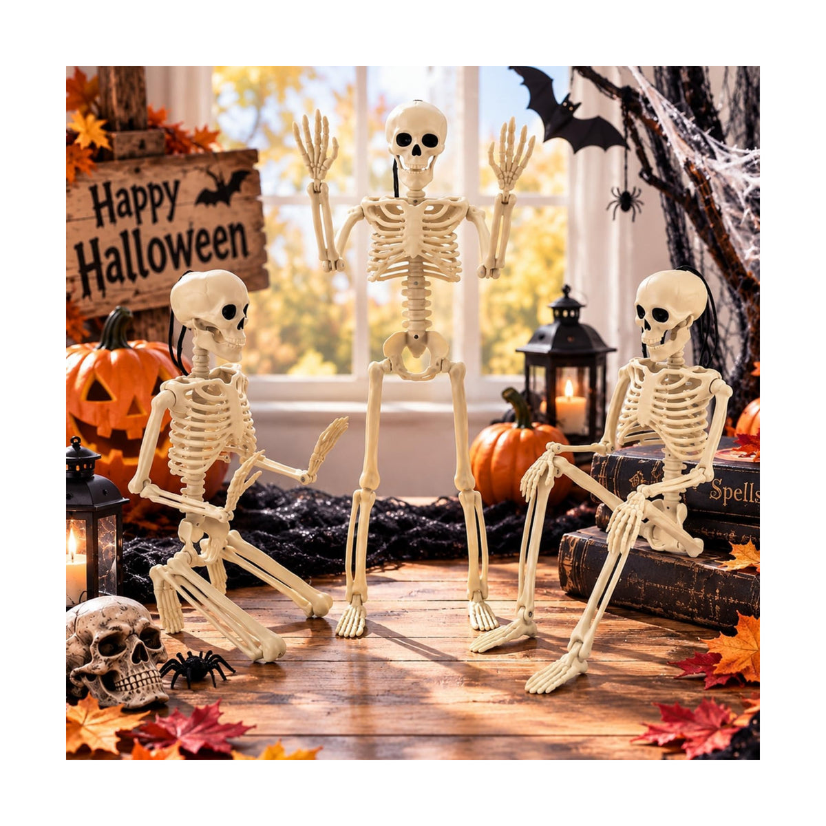 2 PCS 16" Halloween Posable Skeleton Decor, Scary Small Hanging Skull Props