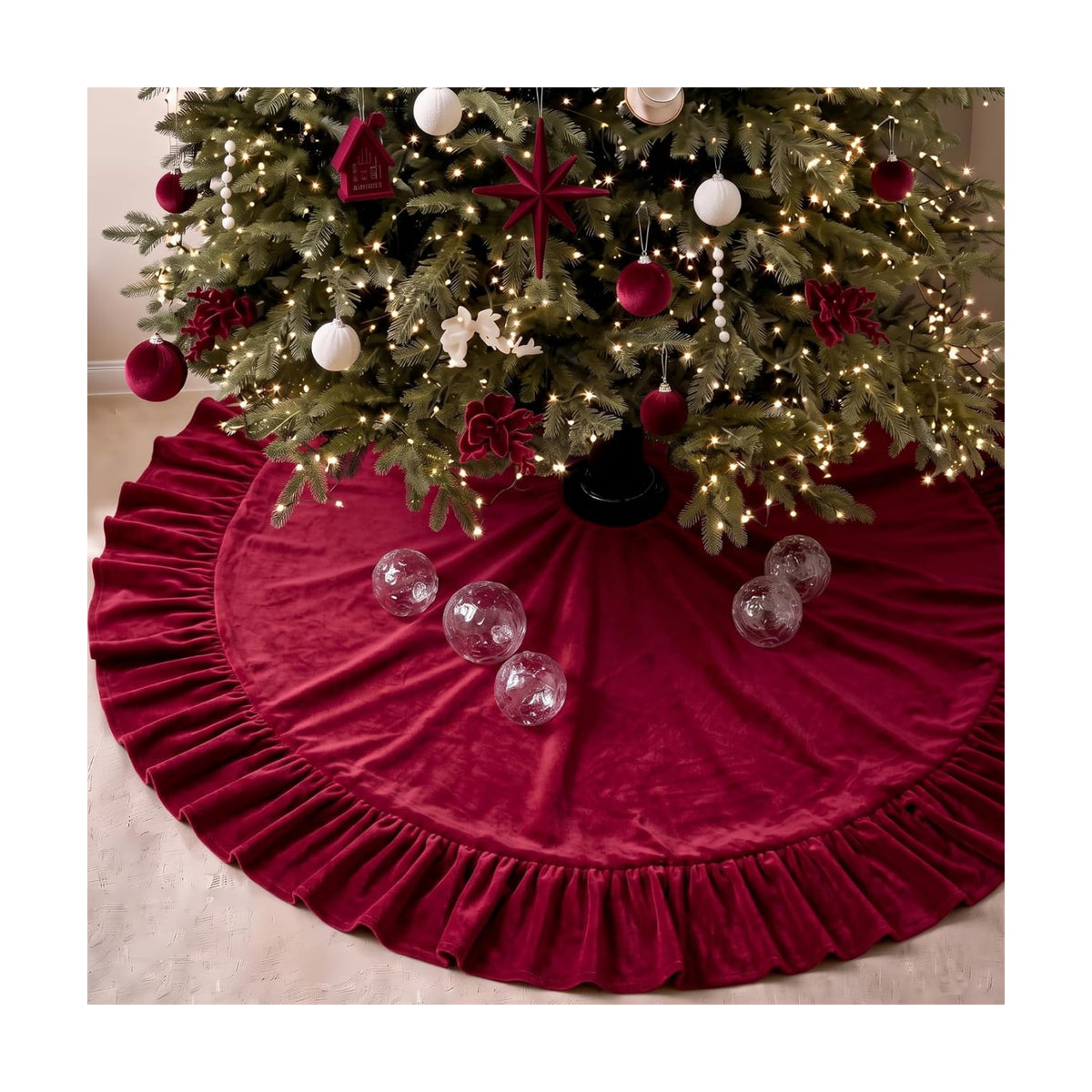 Velvet Christmas Tree Skirt, 60 Inches, Bow Style, Red