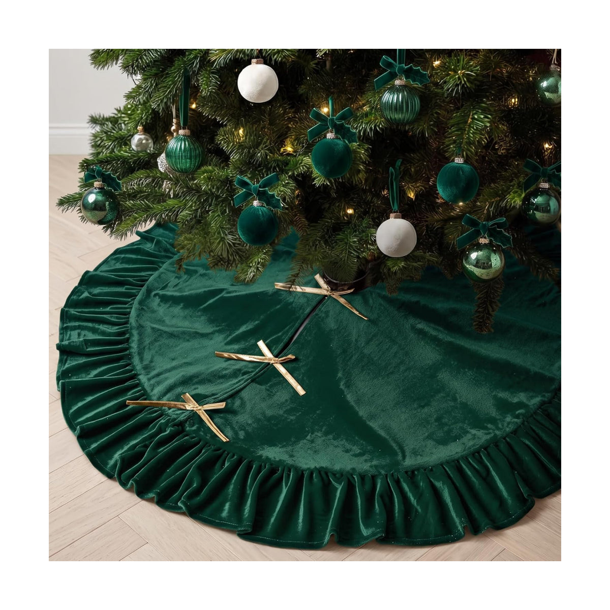 Velvet Christmas Tree Skirt, 48 Inches, Bow Style, Dark Green