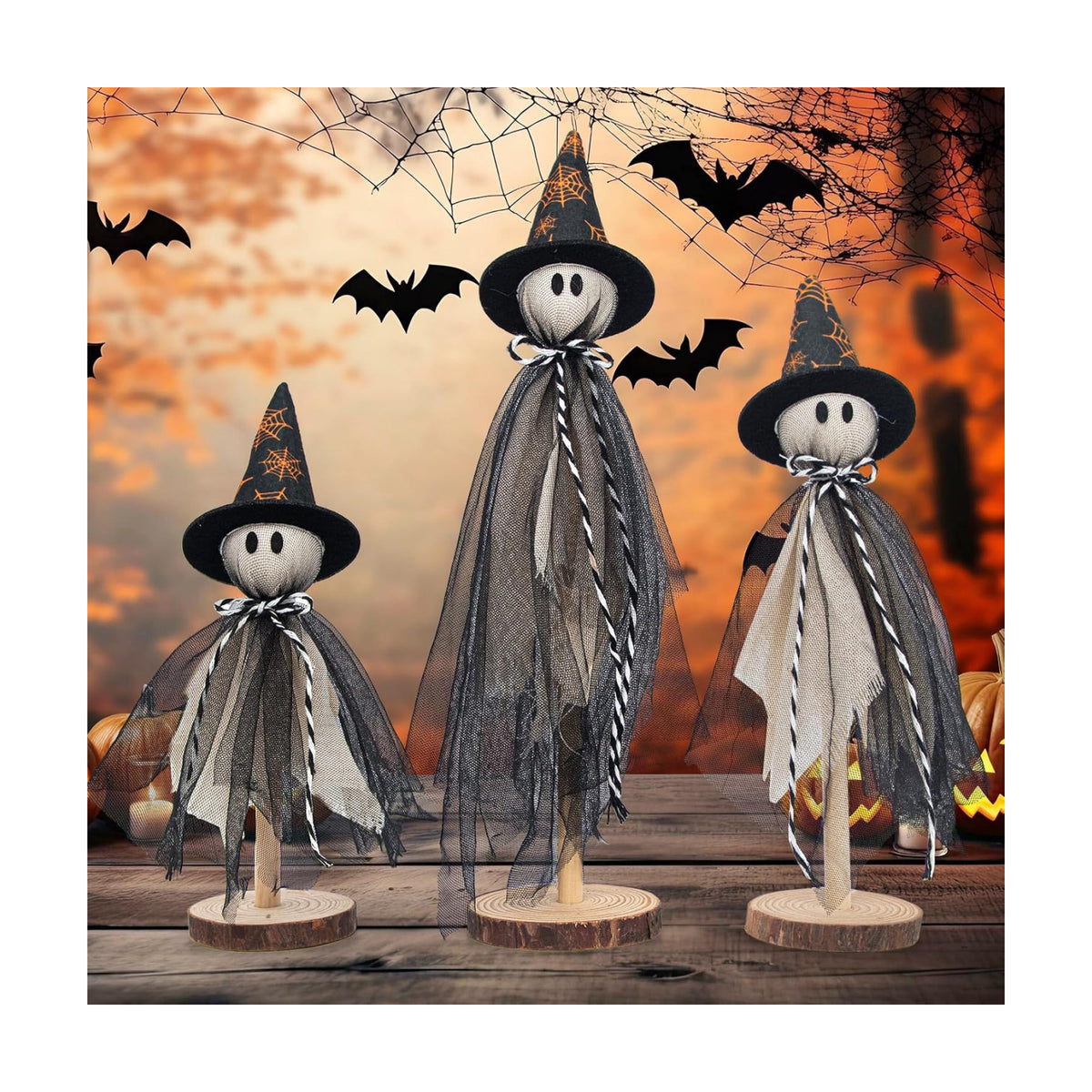 Halloween Decorations Ghost Shelf Sitters – Set of 3 Wooden Halloween decor with Witch Hats – Fabric Ghost Figures with Spiderweb Design – Table Decor for Tiered Tray, Mantel, Party Supplies(Black)