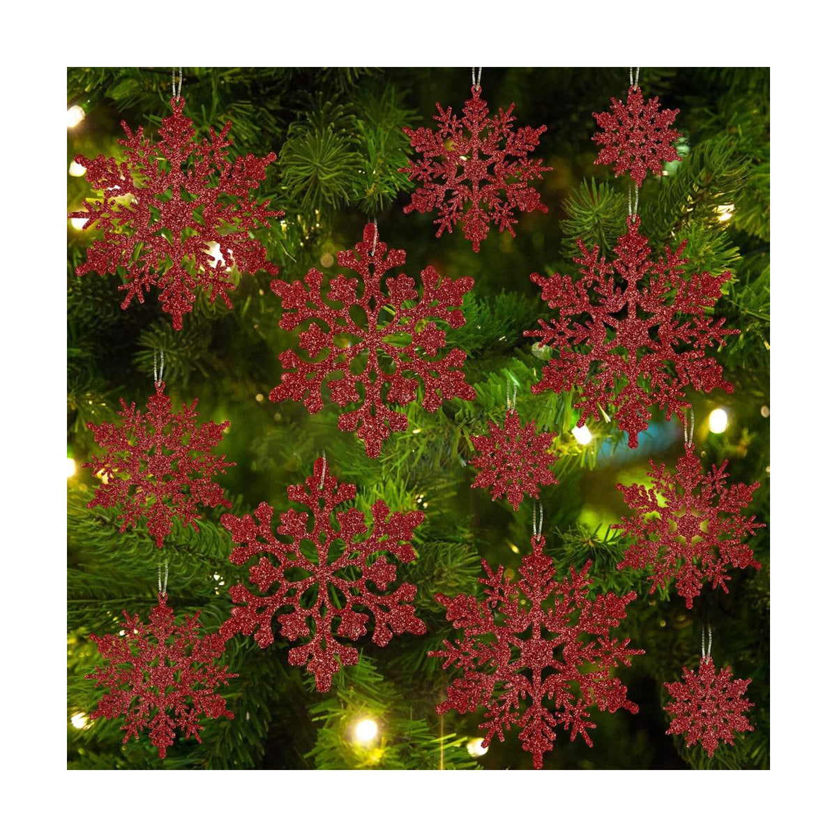 36pcs Red Christmas Snowflake Ornaments, Plastic Glitter Hanging Snow Flakes for Christmas Tree Decorations Winter Wonderland Frozen Birthday Party Holiday Home Decor Craft Snowflakes