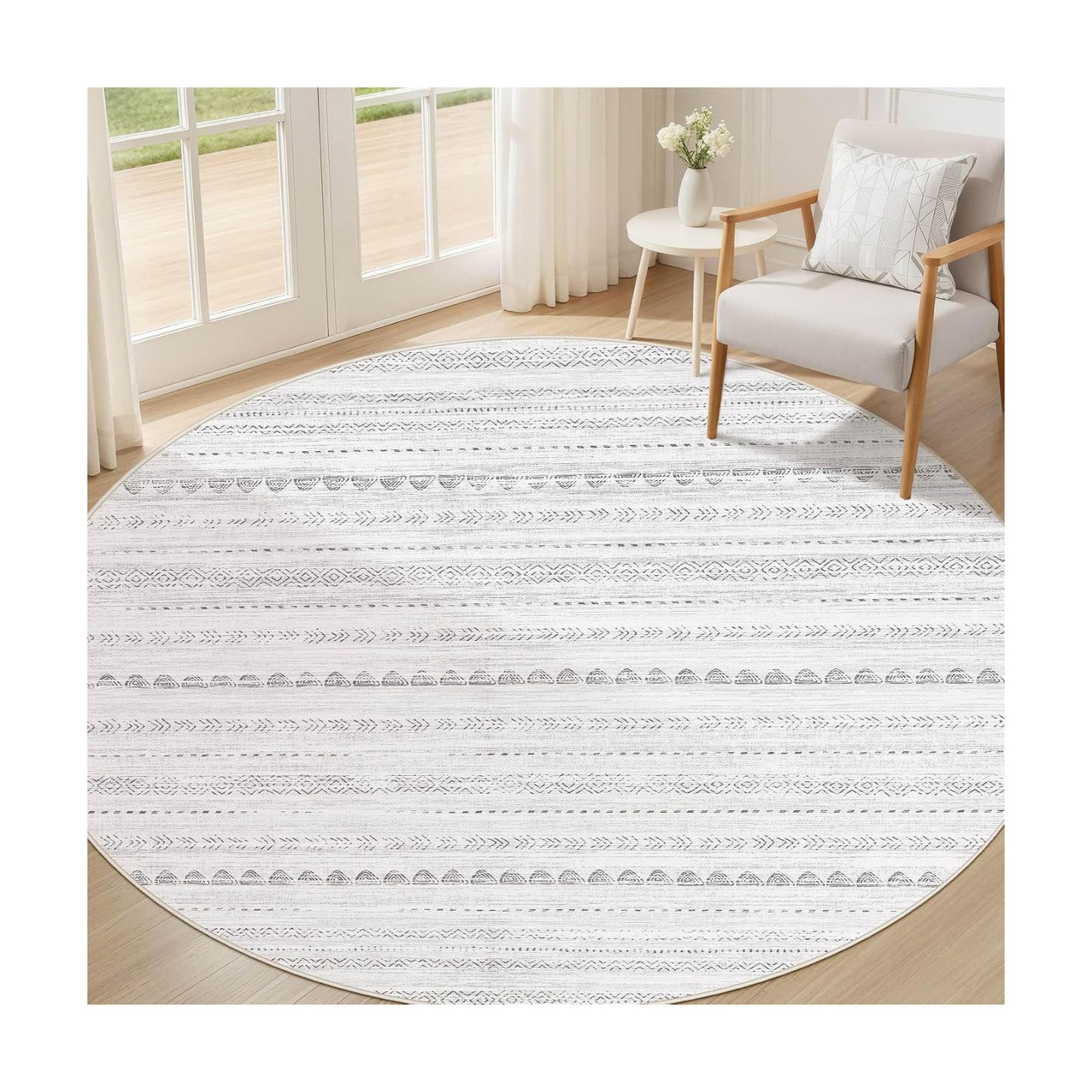 Nakagishi Round Rug Boho Area Rugs: 4x4 Washable Large Circle Neutral Soft Stain Resistant Non-Slip Carpet for Women