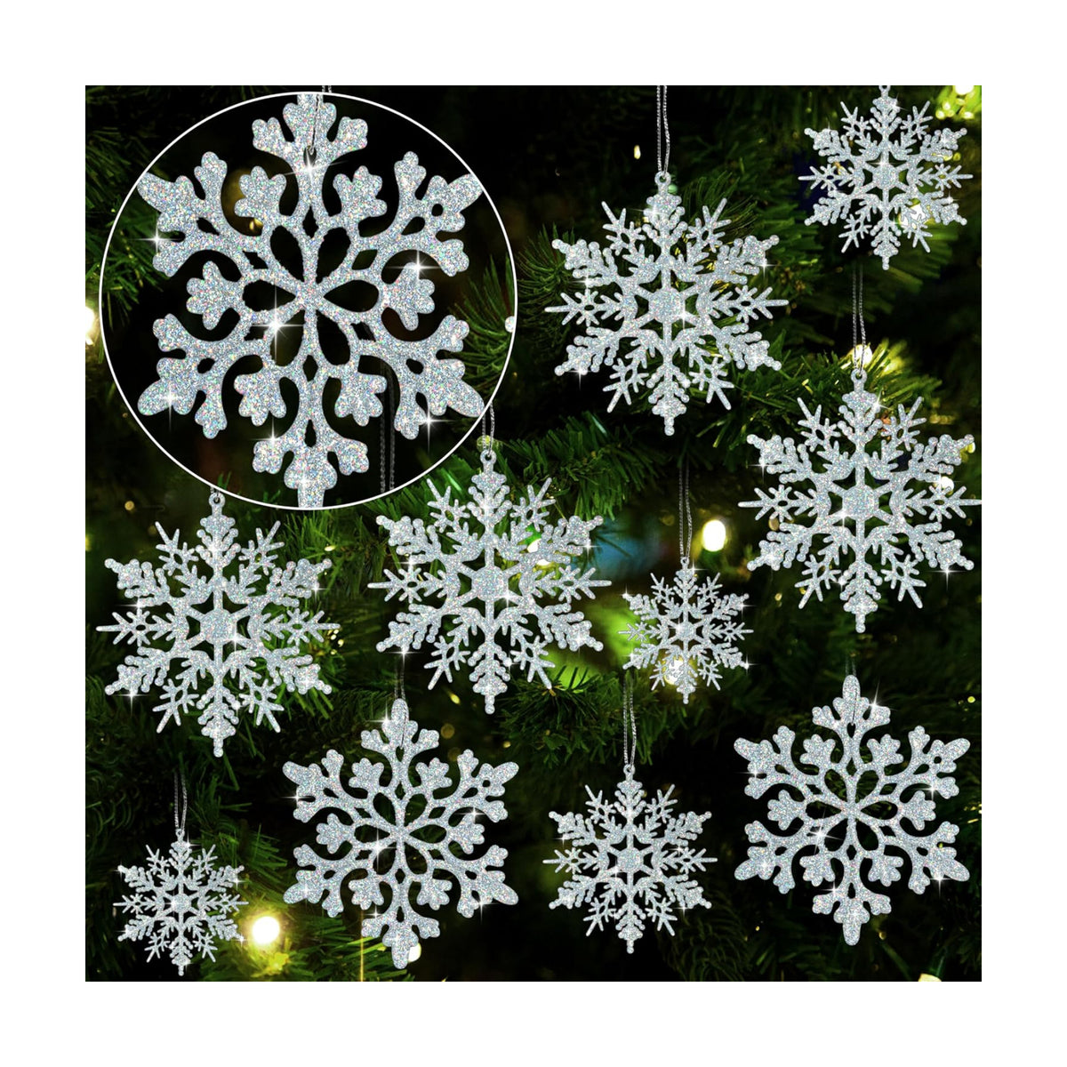36pcs Iridescent Silver Christmas Snowflake Ornaments, Plastic Sparkling Glitter Hanging Snow Flakes for Christmas Tree Decorations Winter Wonderland Frozen Birthday Party Holiday Home Decor