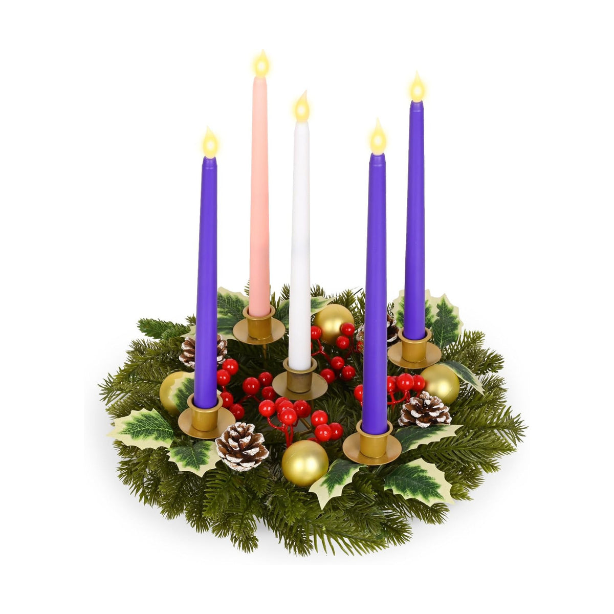6 Pcs Christmas Advent Wreath Advent Candle Holder with 5 Flameless Simulated Candles, 12 Inch Advent Wreath and