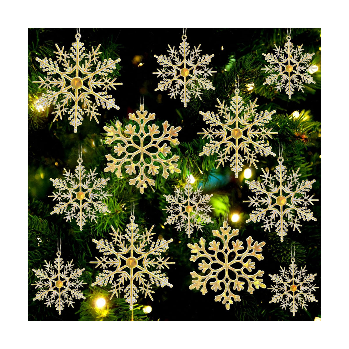 36pcs Gold Shine Christmas Snowflake Ornaments, Plastic Glitter Hanging Snow Flakes for Christmas Tree Decorations Winter Wonderland Frozen Birthday Party Holiday Home Decor