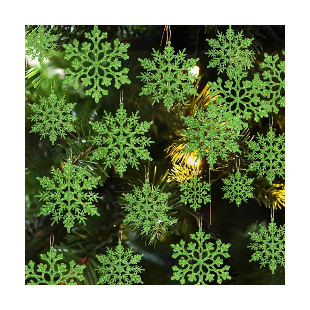 36pcs Christmas Lime Green Snowflake Ornaments，Plastic Lime Green Snow Flakes Hanging Ornaments for Christmas Tree Decor Winter Wonderland Frozen Birthday Party Holiday Home Decor Craft Snowflake