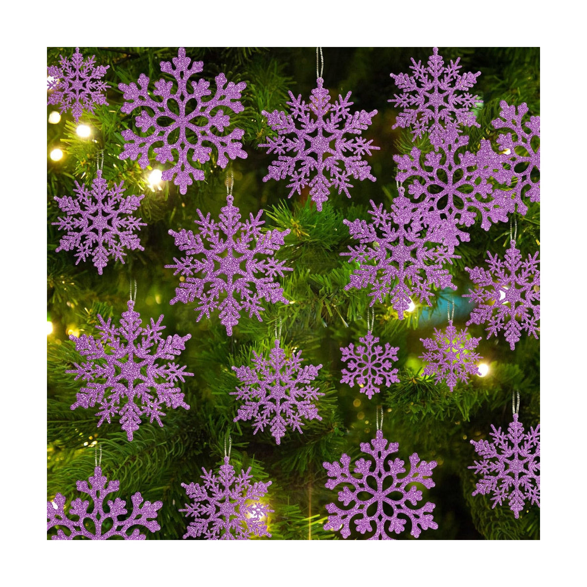 36pcs Christmas Light Purple Snowflake Ornaments，Plastic Light Purple Snow Flakes Hanging Ornaments for Christmas Tree Decor Winter Wonderland Frozen Birthday Party Holiday Home Decor Craft Snowflake