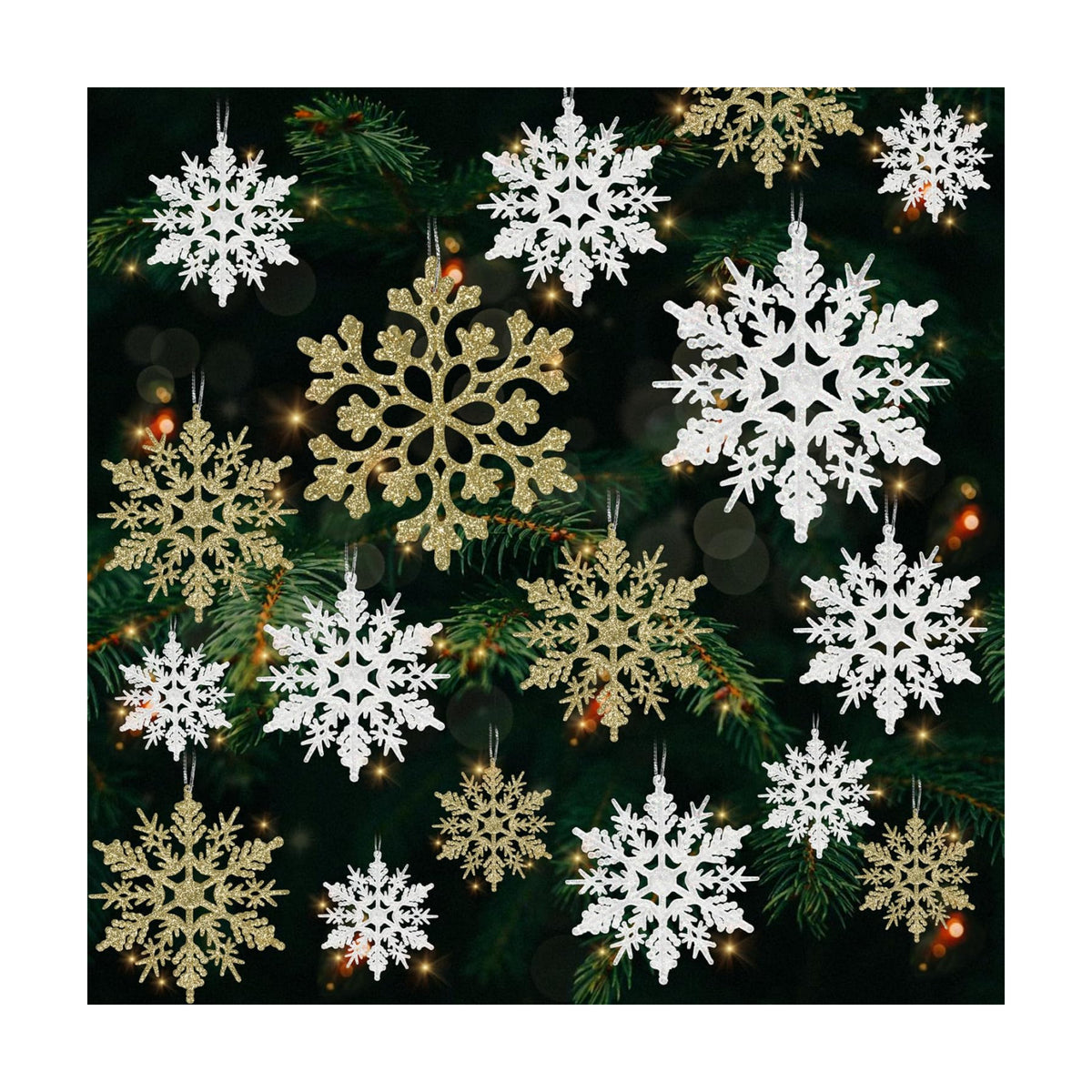 36pcs Snowflakes-Christmas Tree Decorations, Snowflake Ornaments for Tree, Plastic Glitter White Gold Snow Flakes Ornaments, Christmas Indoor Winter Wonderland Frozen Birthday Party Holiday Home Decor