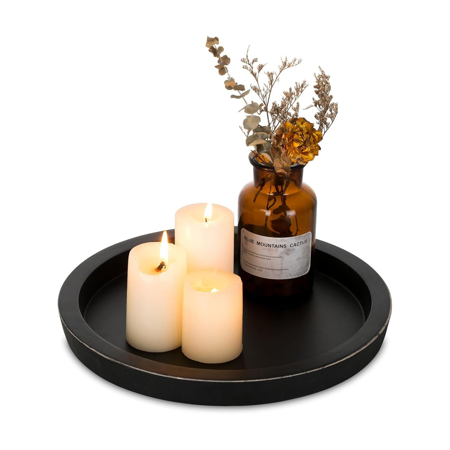 Hanobe Round Wood Candle Holder Tray, Black Coffee Table Centerpiece Decor