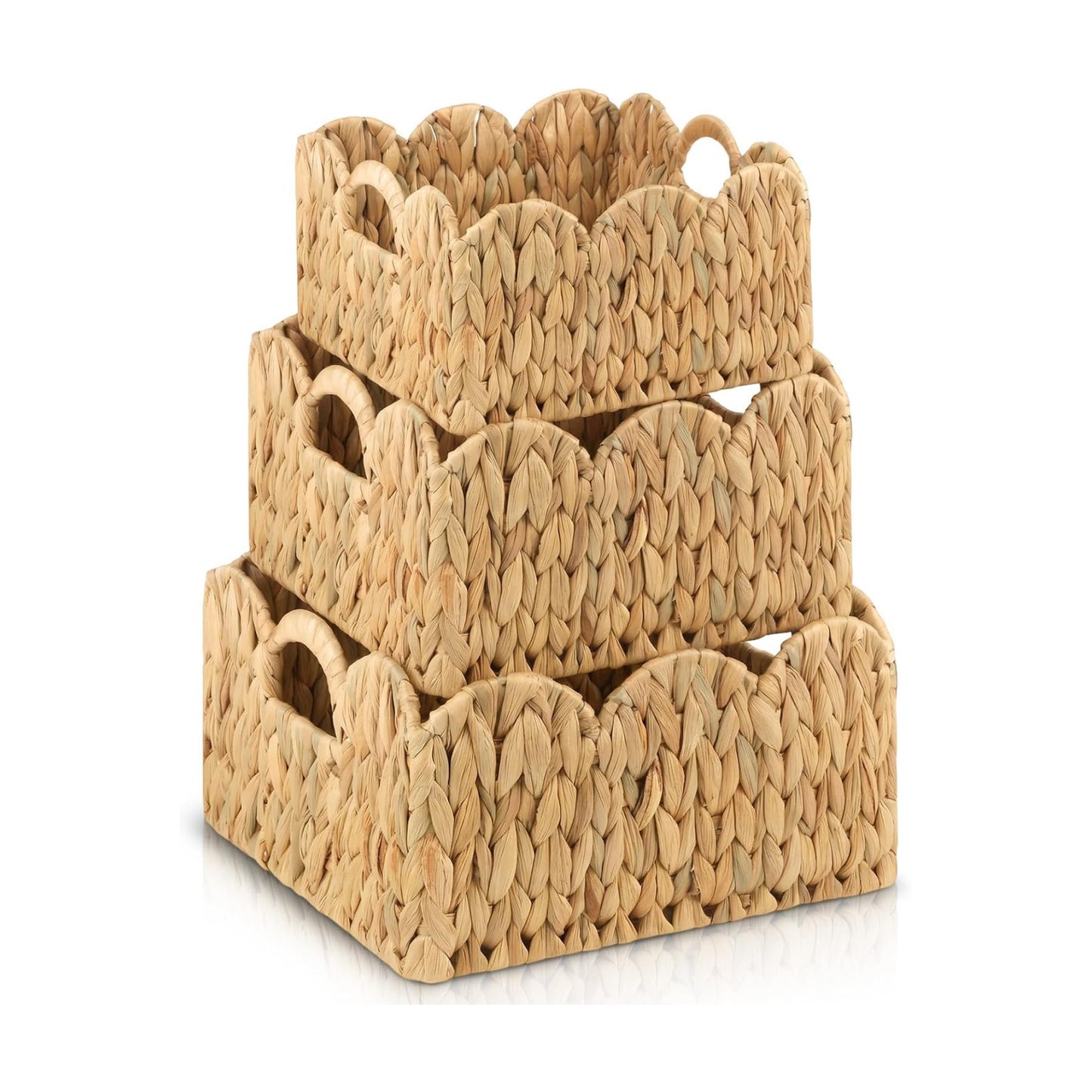 Scalloped Edge Basket Hand Woven Wicker Storage Baskets Rattan Baskets / Set of 3