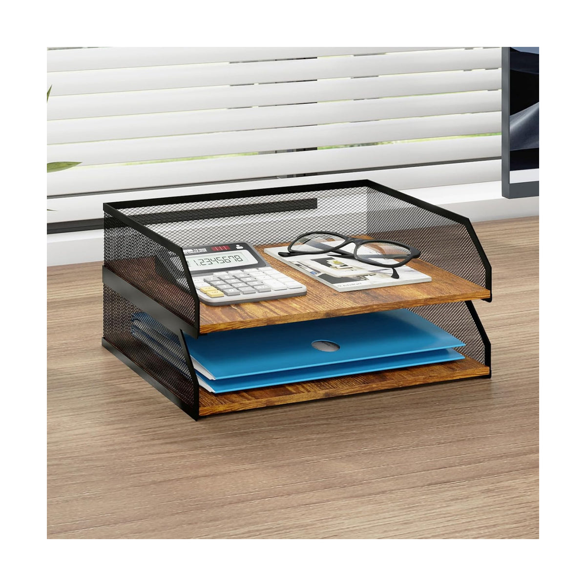Natwind 2-Tier Stackable Metal Mesh Paper Tray Organizer,Retro | Wooden Desk Organizer, Letter Tray For Desktop,File