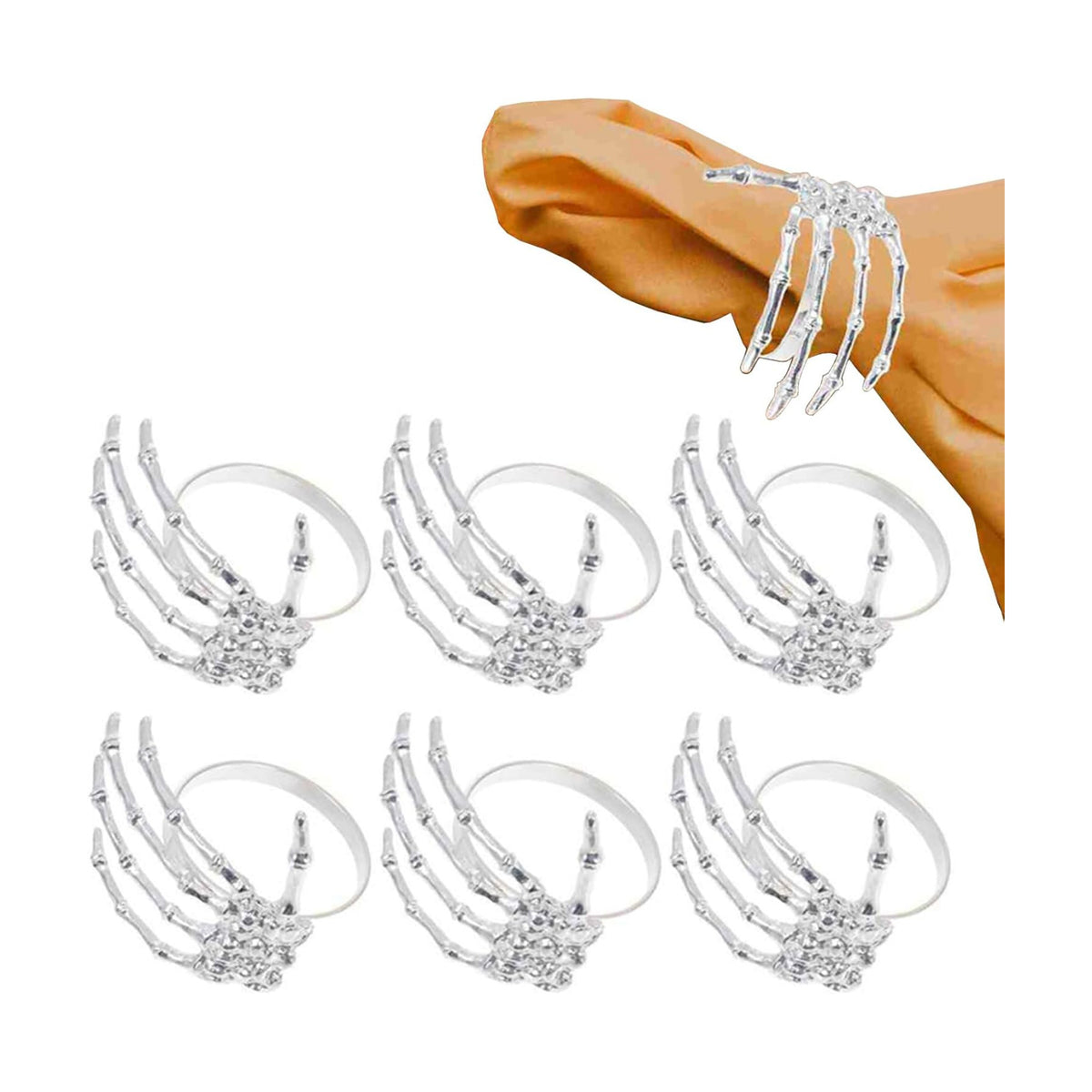 Silver Skeleton Claw Napkin Rings Set of 6,Metal Halloween Napkin Holders Holiday Wedding Dinner Parties Home Table Decors Halloween Decorations