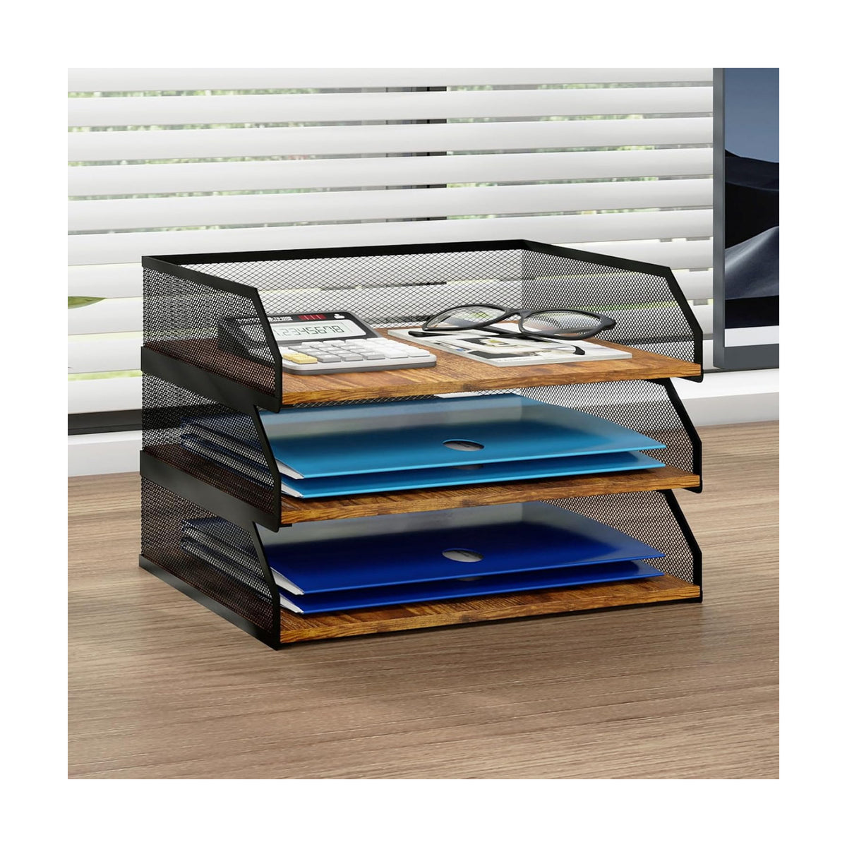 Natwind 3-Tier Stackable Metal Mesh Paper Organizer with Sliding Tray,Retro | Wooden Desk Organizer, Letter Tray For