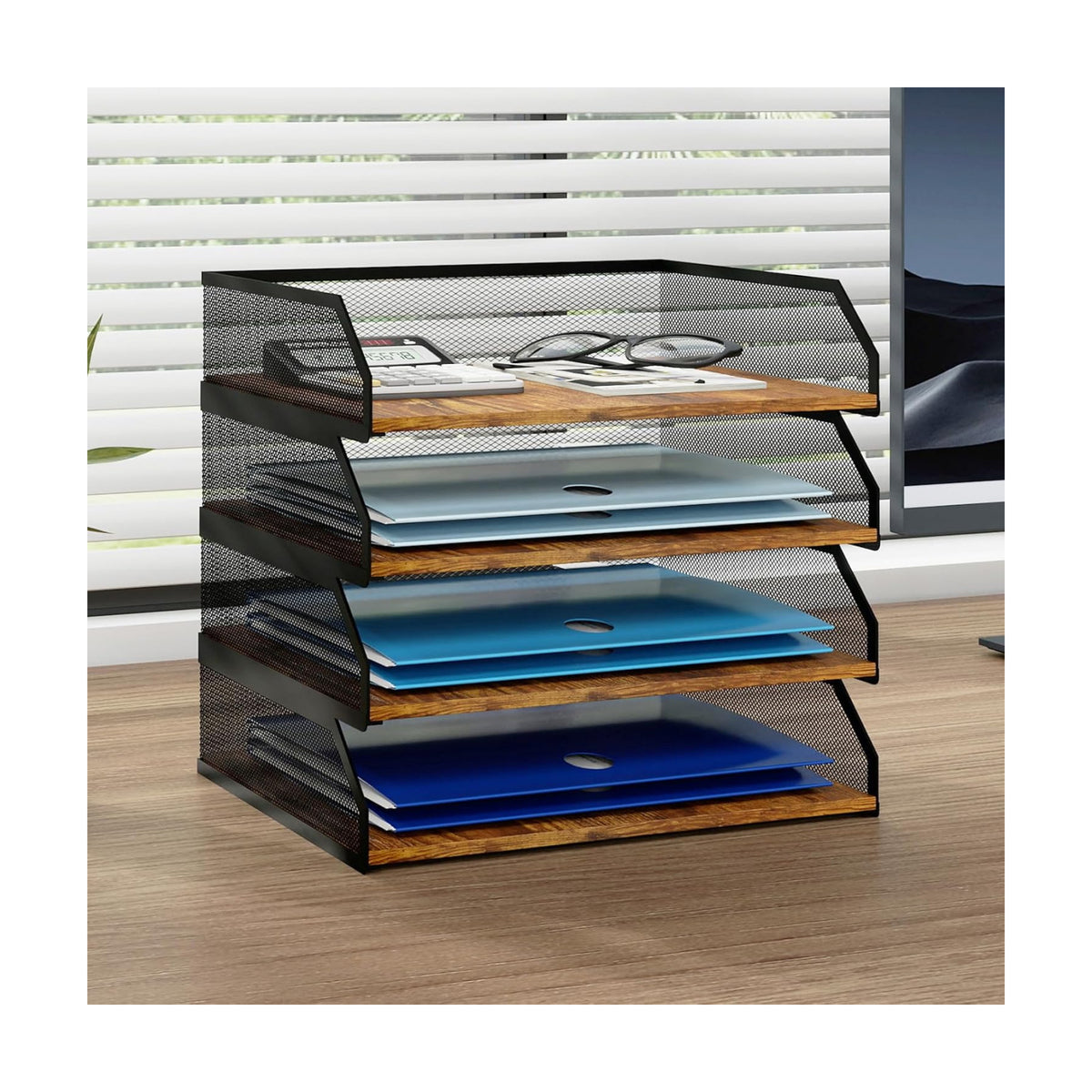 Natwind 4-Tier Stackable Metal Mesh Paper Organizer with Sliding Tray,Retro | Wooden Desk Organizer, Letter Tray For