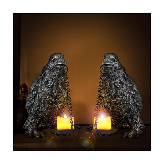 Gothic Crow Lamp with Tealight Candle Holder Resin Raven Decor Statue Gothic Home Decor for Bedroom Unique Goth Gifts Half Silver 2P