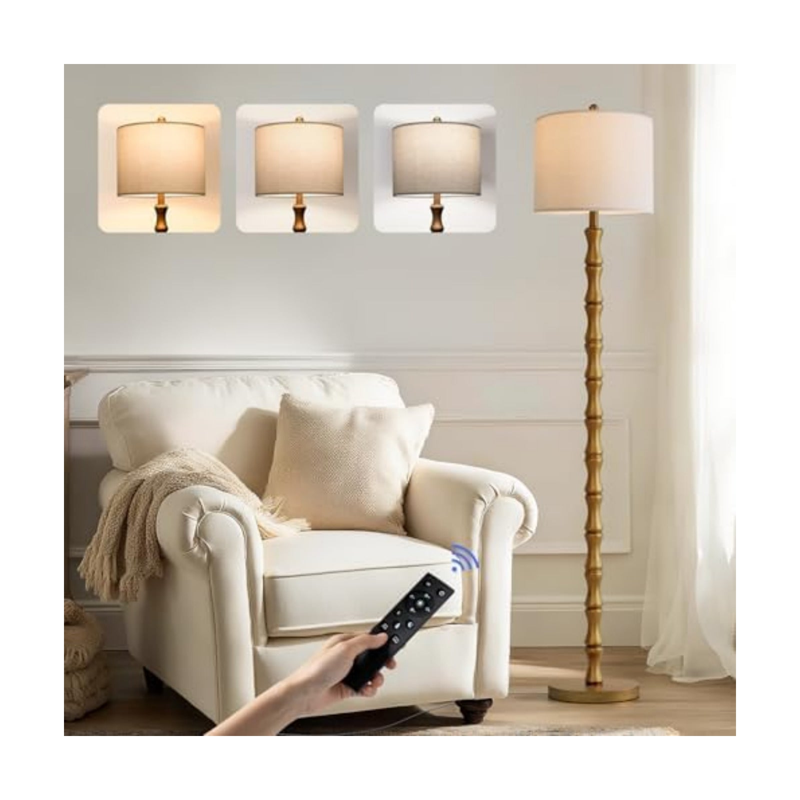 BOBOMOMO 62" Rustic Farmhouse Floor Lamp Antique Gold with Remote & Dimmable 9W Bulb, 3 Color Temperatures Resin