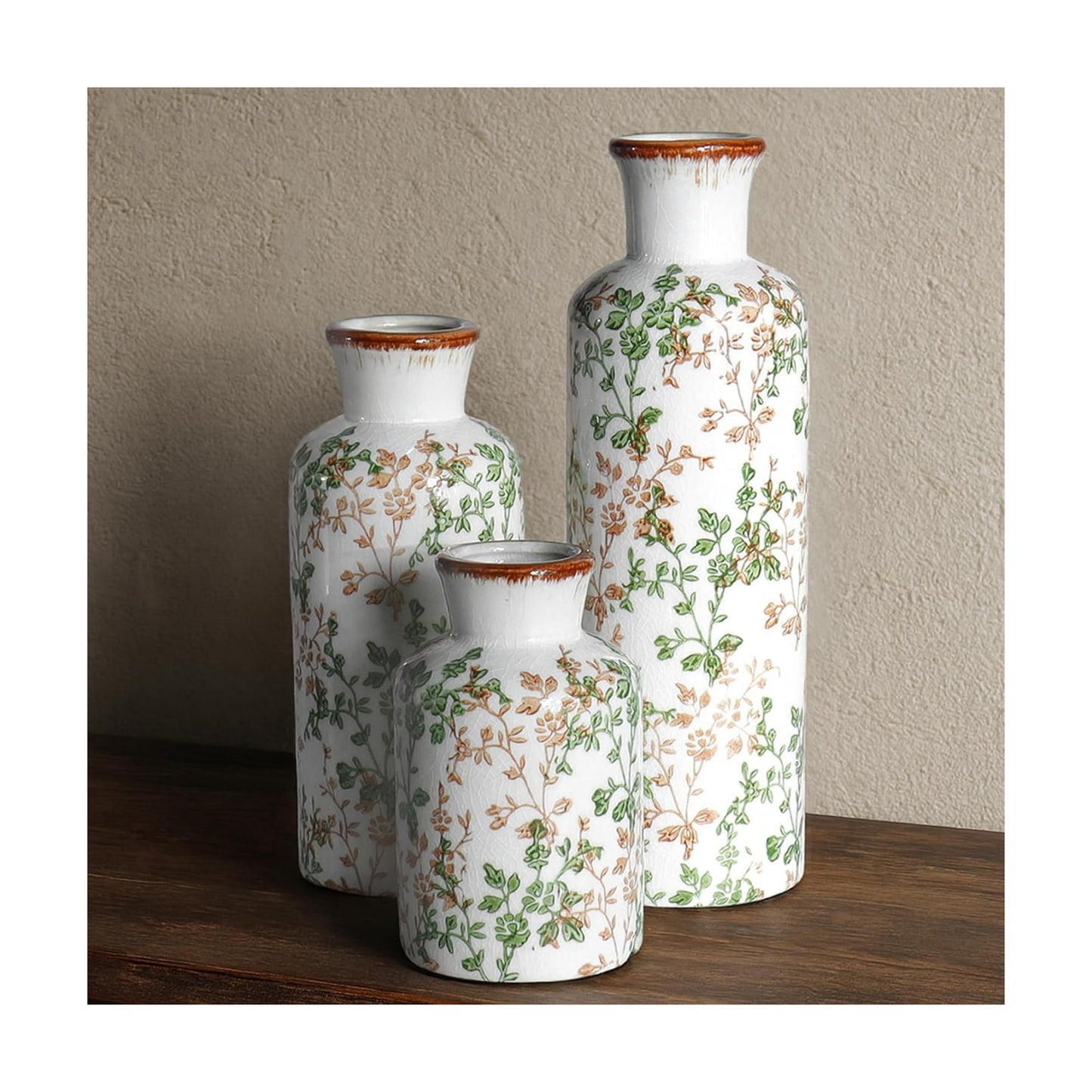 Ceramic Vase / Vintage Ceramic Flower Vases / Green & Brown01 / Set of 3