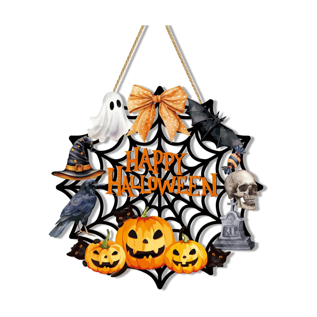 Halloween Wreaths for Front Door Welcome Sign Happy Halloween Wall Decorations Wooden Spider Web Ghost Black Cat Pumpkin Hanging Wall Decor Indoor Holiday Decor