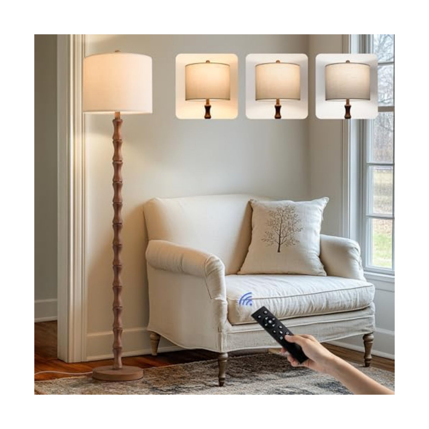 BOBOMOMO 62" Rustic Farmhouse Floor Lamp with Remote & Dimmable 9W Bulb, 3 Color Temperatures Tall Resin Standing Lamp