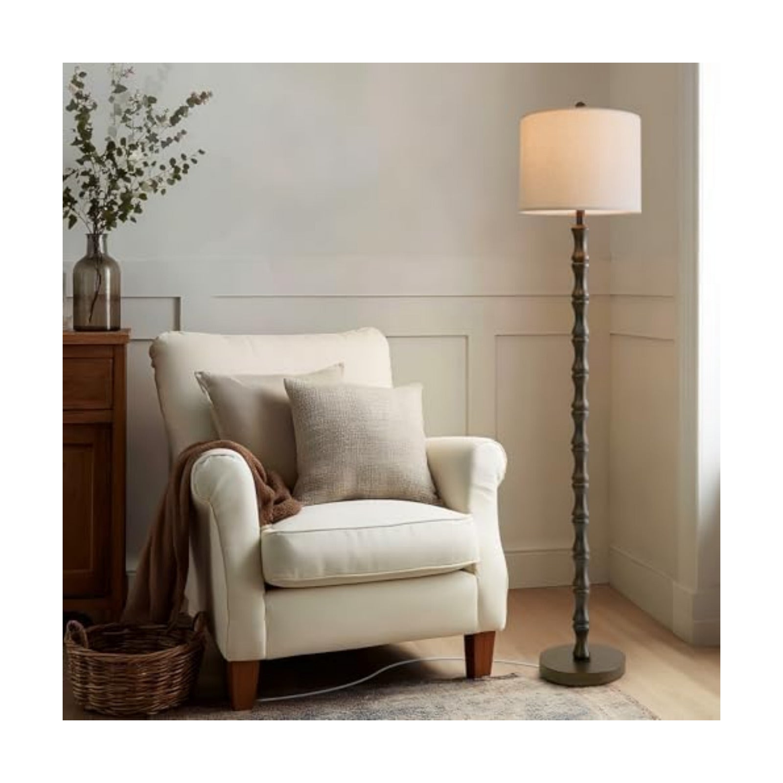 BOBOMOMO 62" Rustic Floor Lamp, Retro Farmhouse Standing Lamp with Rotary Switch, Resin Dark Brown Floor Lamp for
