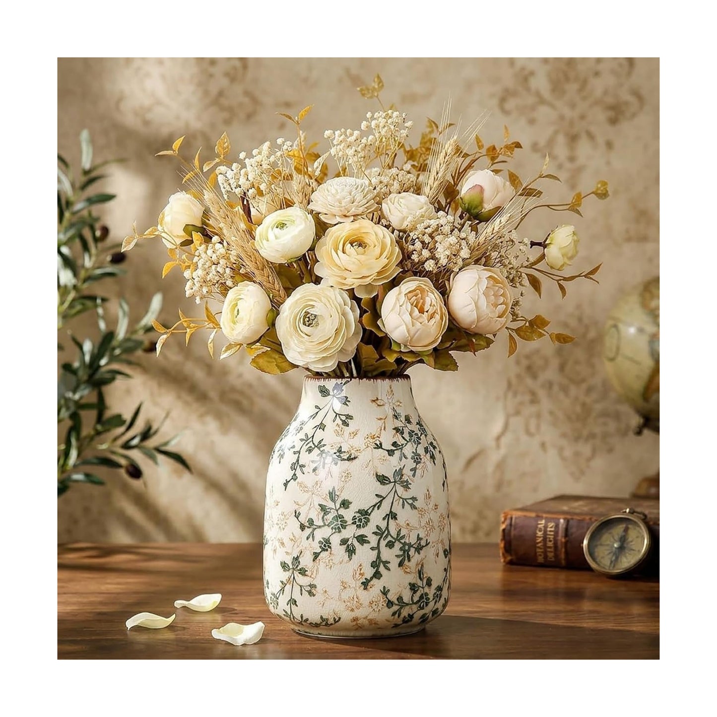 Vintage Ceramic Vase / Beige and Green-002 / 7.8 Inch