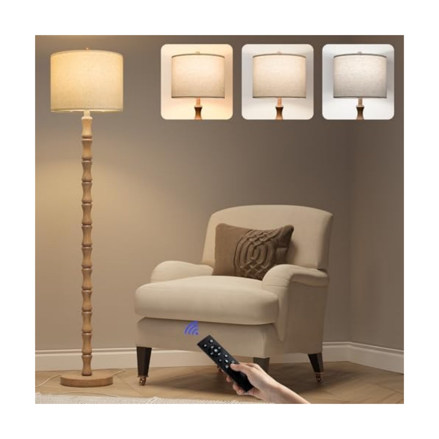 BOBOMOMO 62" Rustic Farmhouse Floor Lamp with Remote & Dimmable 9W Bulb, 3 Color Temperatures Resin Standing Lamp