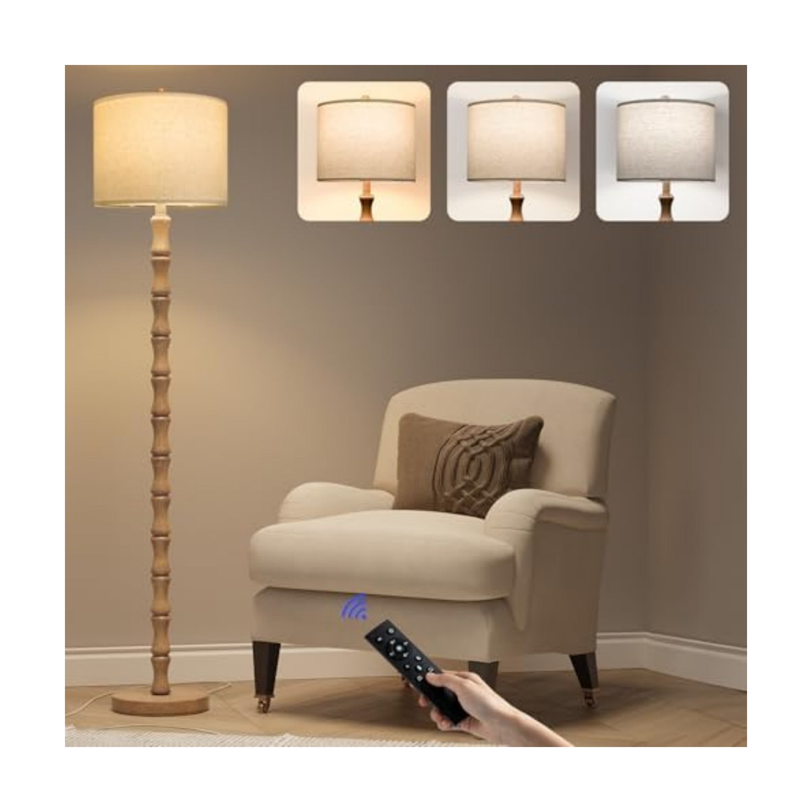 BOBOMOMO 62" Rustic Farmhouse Floor Lamp with Remote & Dimmable 9W Bulb, 3 Color Temperatures Resin Standing Lamp