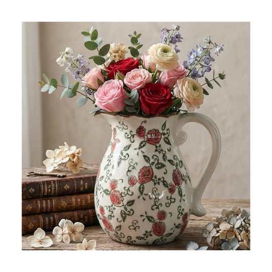 Vintage Ceramic Vase / Beige and Red-001 / 8.2 Inch