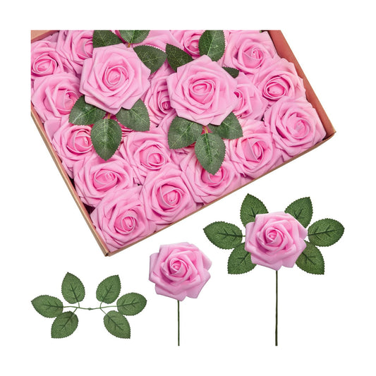 InnoGear Artificial Flowers, 100 Pcs Pink Foam Fake Roses Bulk with Stems for Decoration DIY Wedding Bouquets Centerpieces Bridal Shower Party Valentines Christmas Tree