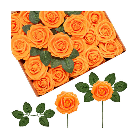 InnoGear Artificial Flowers, 50 Pcs Orange Rose Foam Fake Roses Bulk with Stems for Autumn Fall Decoration DIY Wedding Bouquets Centerpieces Bridal Shower Party Christmas Tree