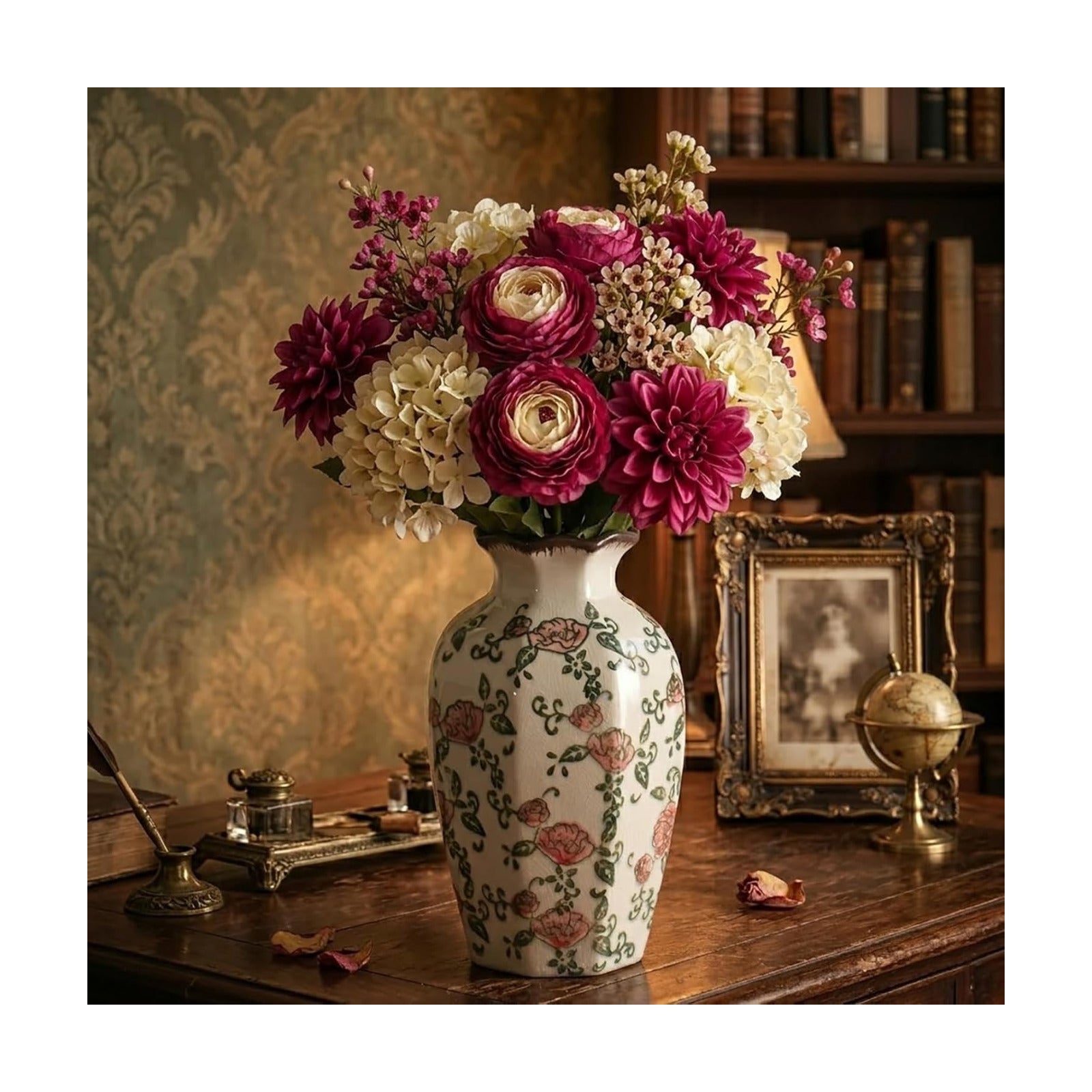 Vintage Ceramic Vase / Beige and Red-003 / 9 Inch