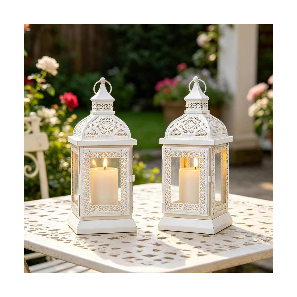 TRIROCKS Set of 2 Rustic Style Metal Candle Lantern 13'' High Decorative Outdoor Lantern Candle Holder with Tempered