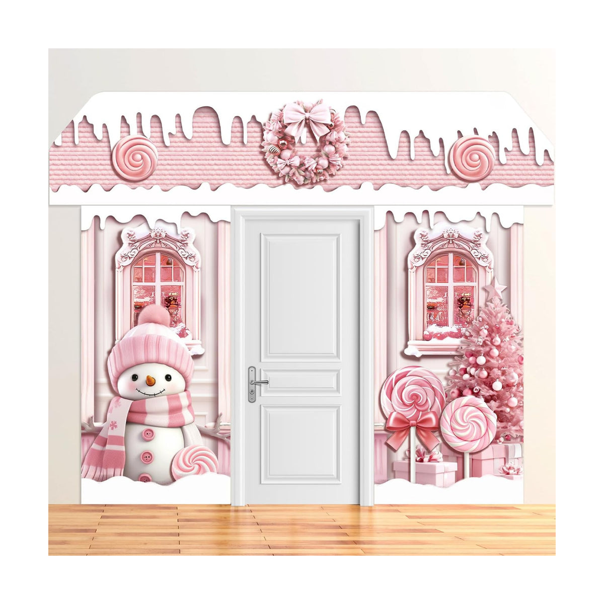 HunnmingRe 3 Pcs Christmas Gingerbread House Door Covers Decor,Pink