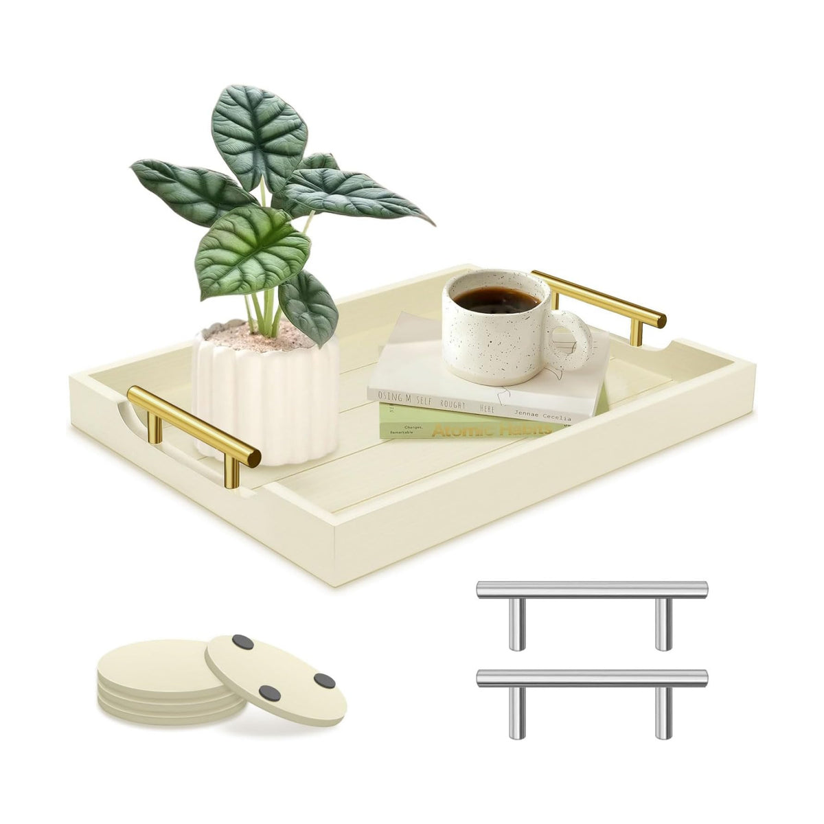 SXNOWS Wooden Serving Tray with 2 Sets of Handles,Cream