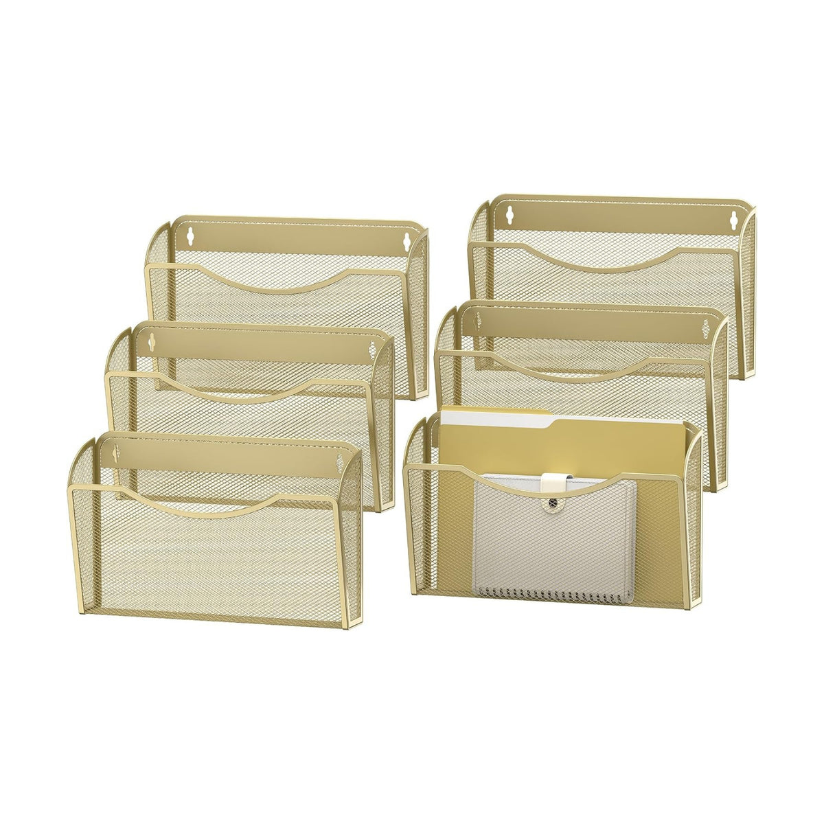 MINDEPOT Wall File Organizer, Hanging Wall File Holder, 6 Pack, Gold | Heavy Duty Iron, Metal Mesh Wall Mount, Single