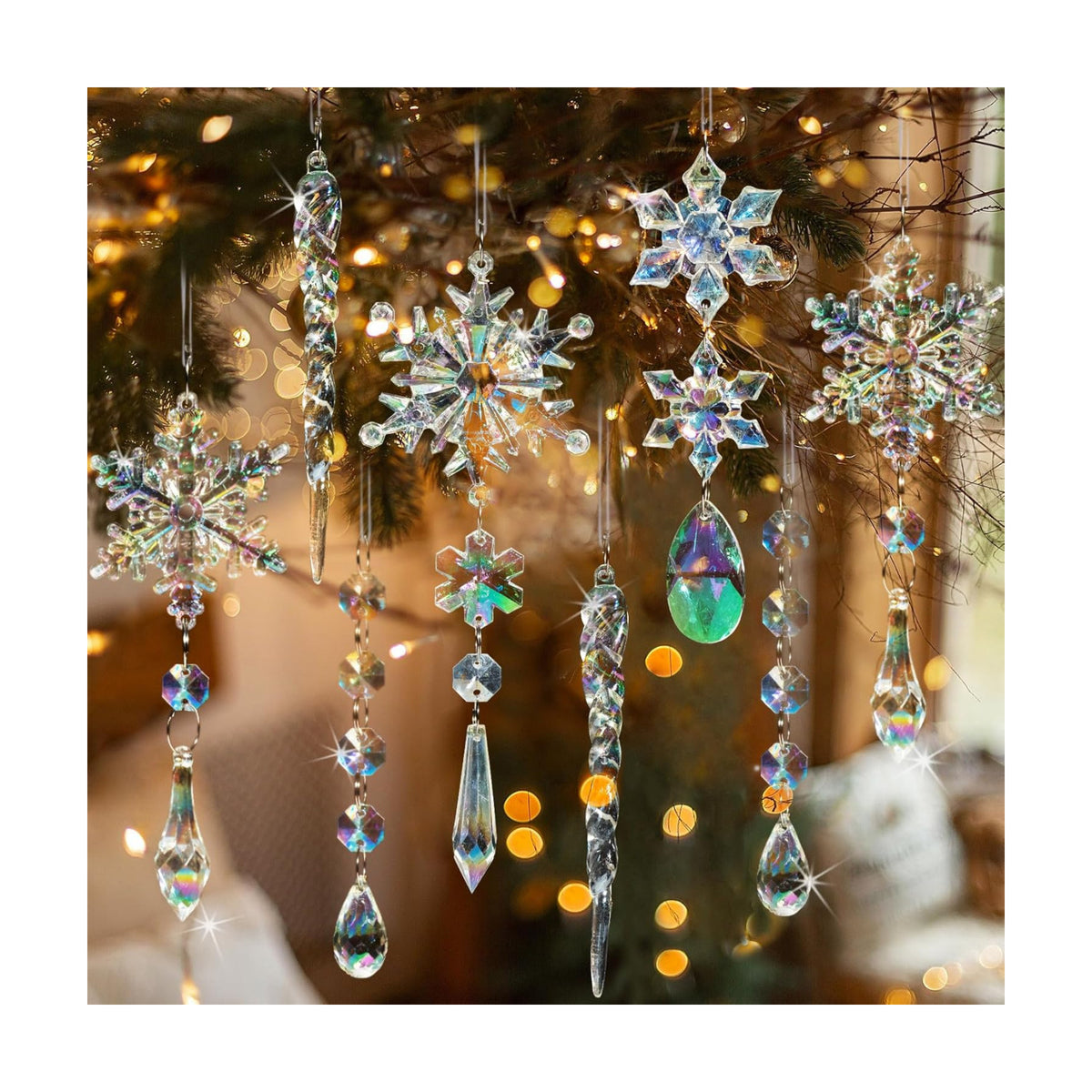 GuassLee 36pcs Crystal Christmas Tree Ornaments - Iridescent Acrylic Snowflake Icicle Drop Crystal Hanging Ornaments for Christmas Tree Winter Wonderland Frozen Themed Birthday Party Decor