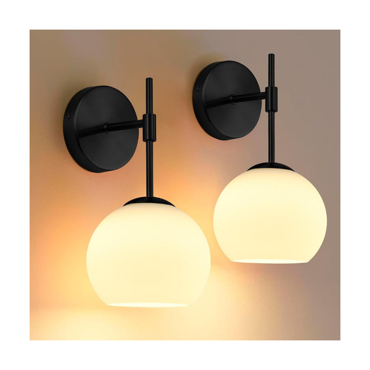 Battery Operated Wall Sconces Set of Two, Rechargeable, Black | Milk Glass Shade, 12 RGB & 3CCT Dimmable, Wireless Wall
