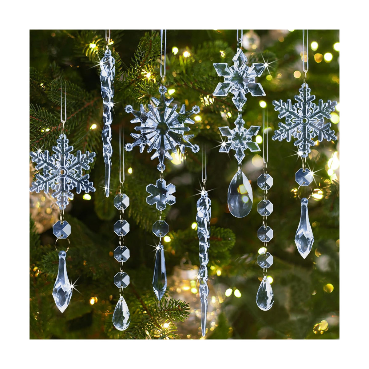 GuassLee 36pcs Crystal Christmas Tree Ornaments - Blue Acrylic Snowflake Icicle Drop Crystal Hanging Ornaments for Christmas Tree Wonderland Frozen Themed Birthday Party Decor